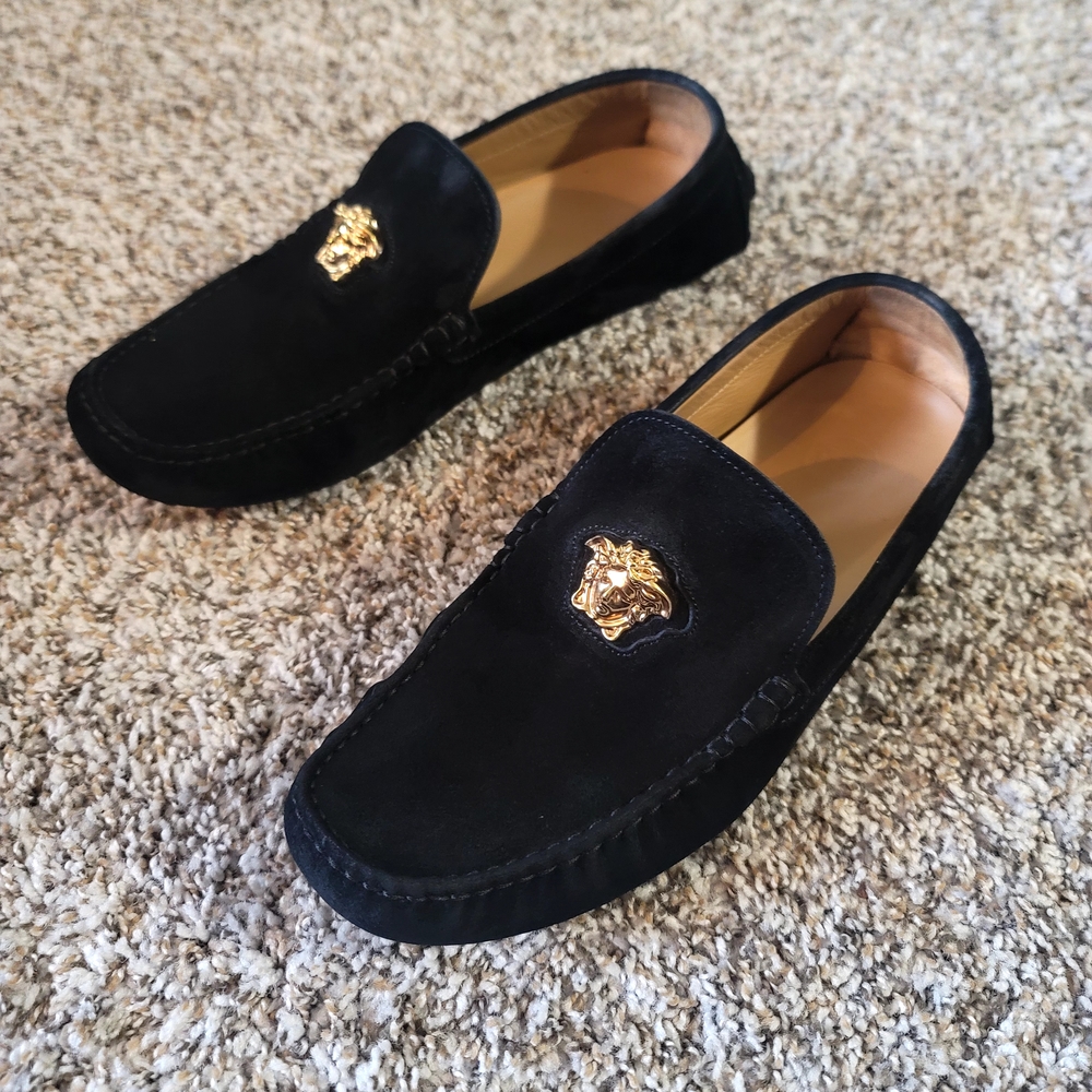 Versace Black Suede Loafers with Gold Medusa Accent - Picture 2 of 5